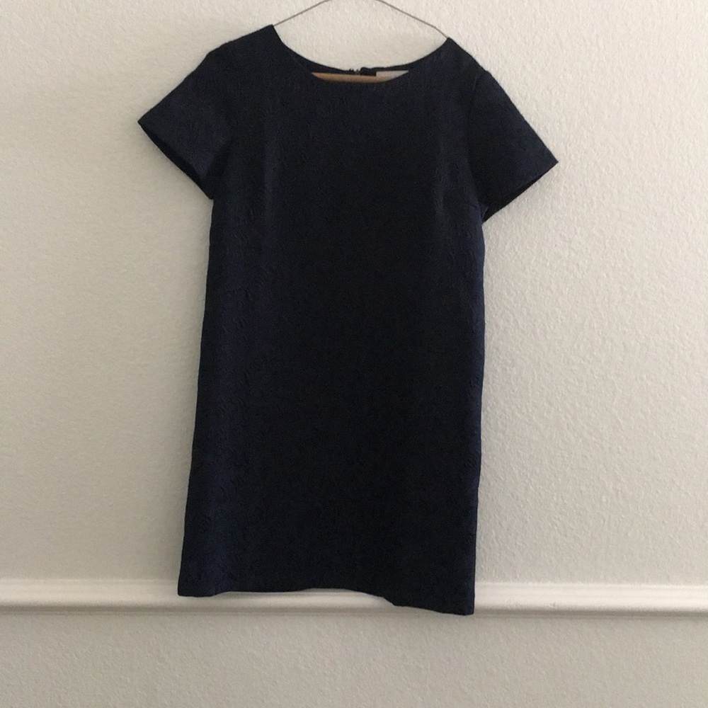 Navy shift dress with a jacquard print